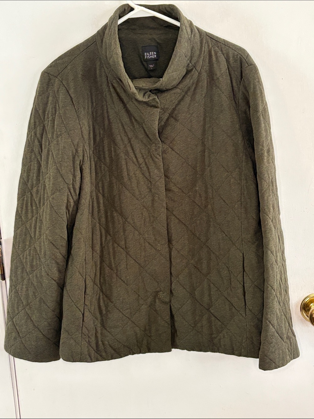 Eileen Fisher dark green quilted jacket snap closure Size Large